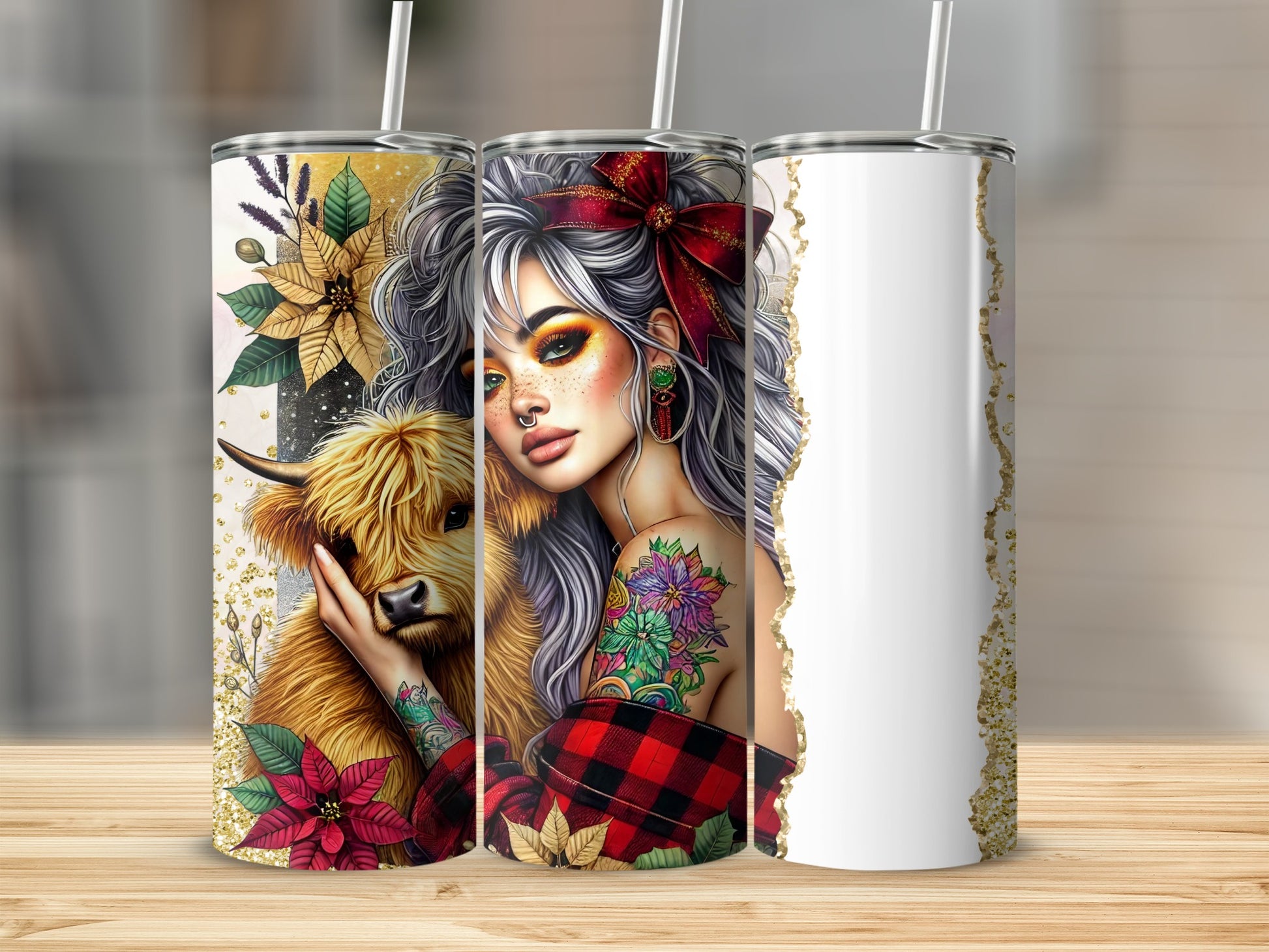 Tattooed woman with a Highland cow, floral accents, and a plaid shirt.