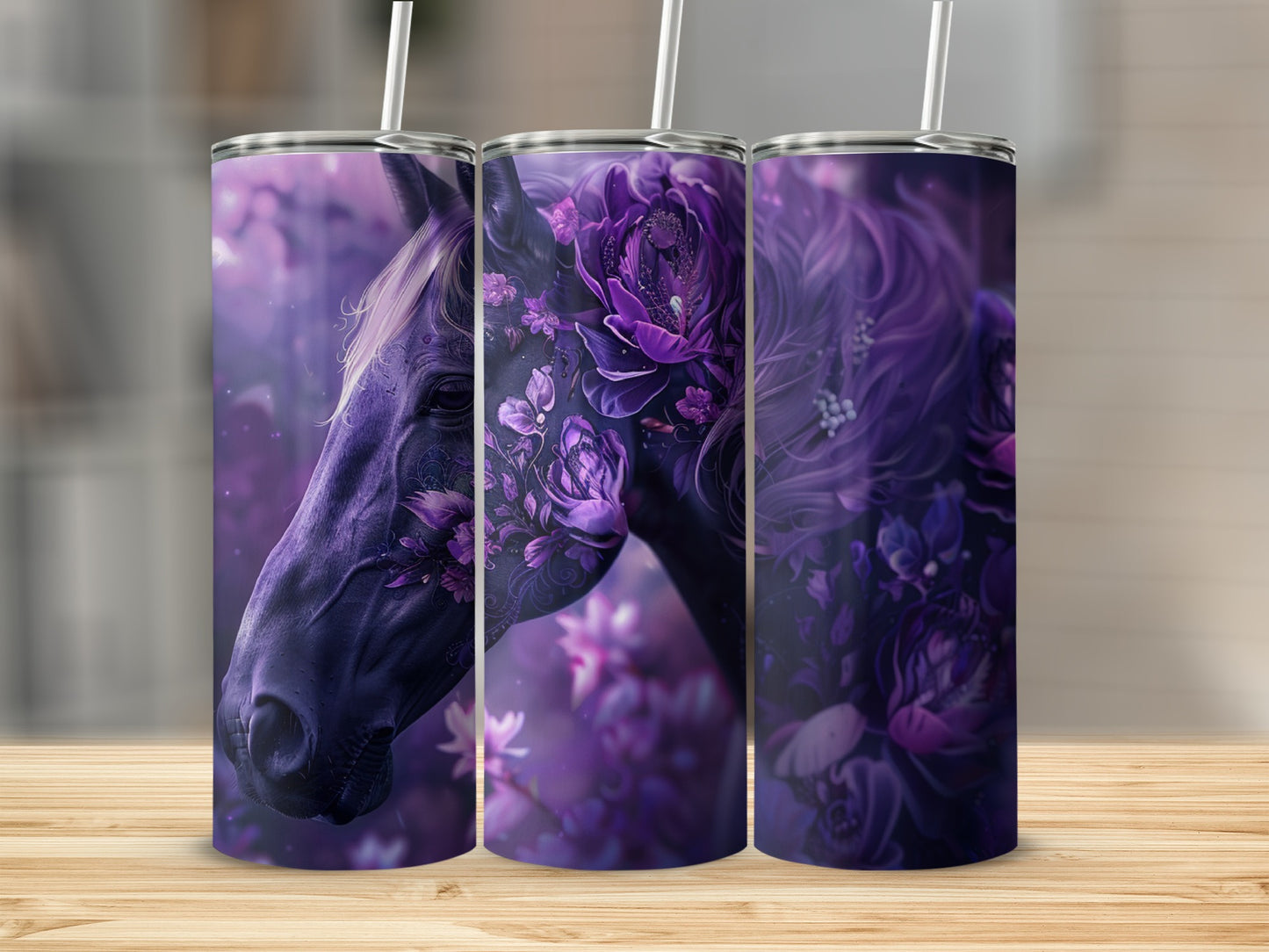 Dark horse head profile with floral accents, purple hues.