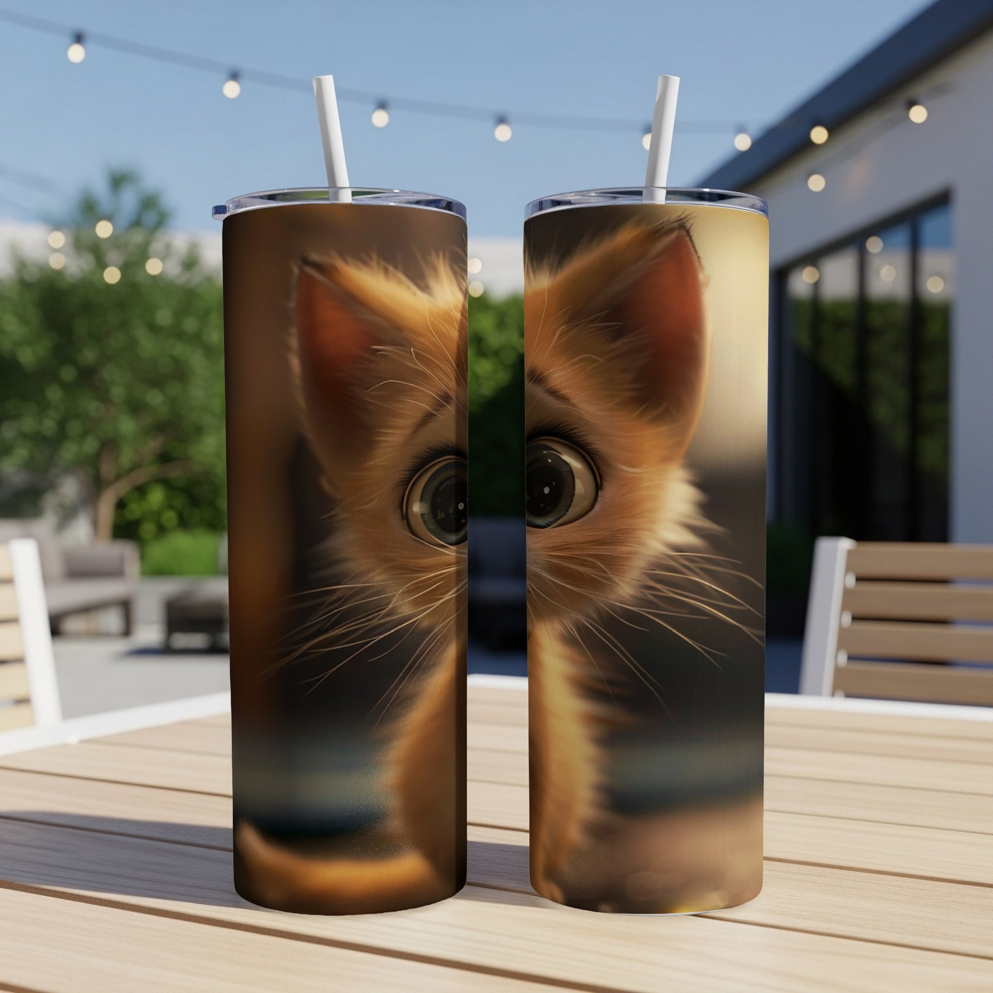 Two tumblers with a close-up, wide-eyed orange kitten face.