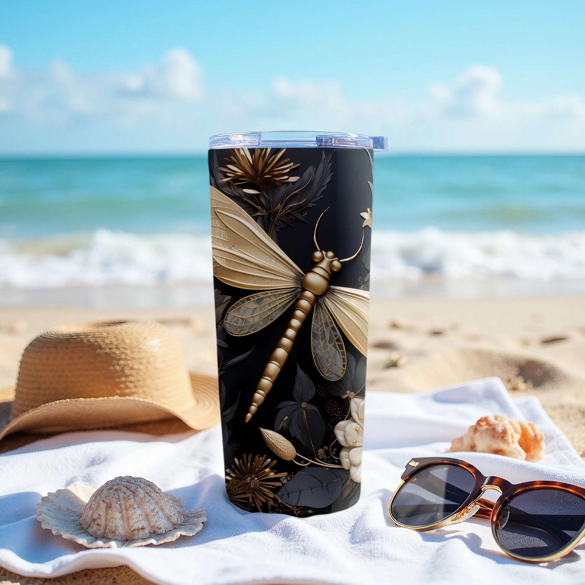 Gold Dragonfly Black Floral Tumbler Drinkware product type
Tumbler, Drinkware, Travel Cup, Insulated Tumbler, Gold Dragonfly, Black Floral, Nature Design, Elegant Dragonfly, Botanical Print, Summer Cup, Beach Aesthetic, Ocean Vibes, Gift Tumbler, Unique Drinkware, Golden Insect, Decorative Cup, Beverage Holder, Fashion Drinkware, Exotic Design, Outdoor Cup