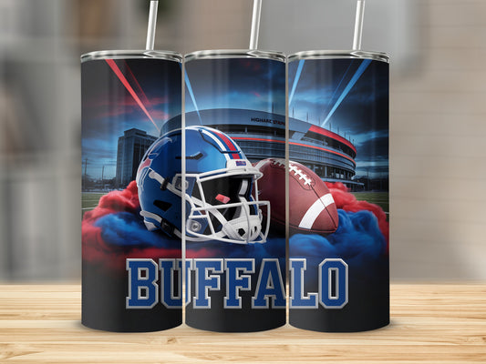 Buffalo Bills helmet, football, and stadium graphic on three tumblers.
