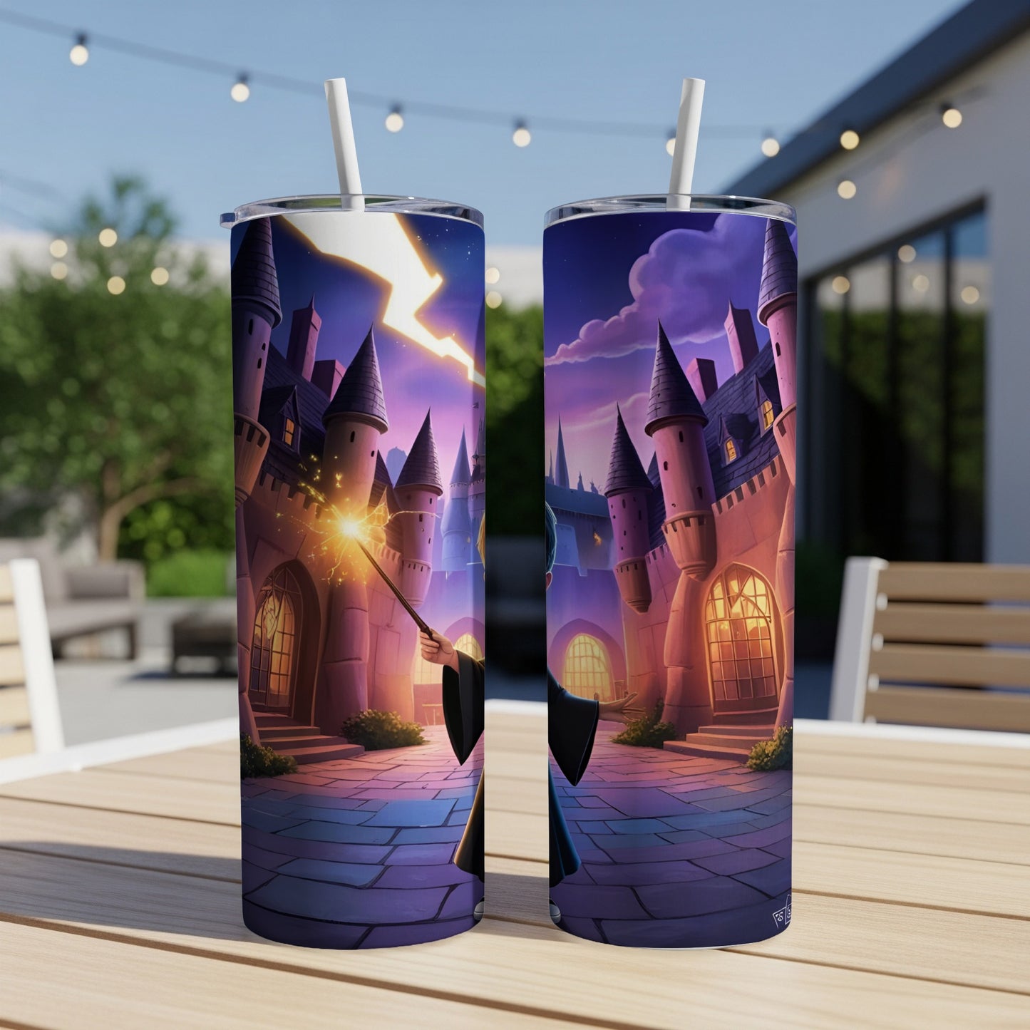 Two Hogwarts castle tumblers with lightning and wizard.