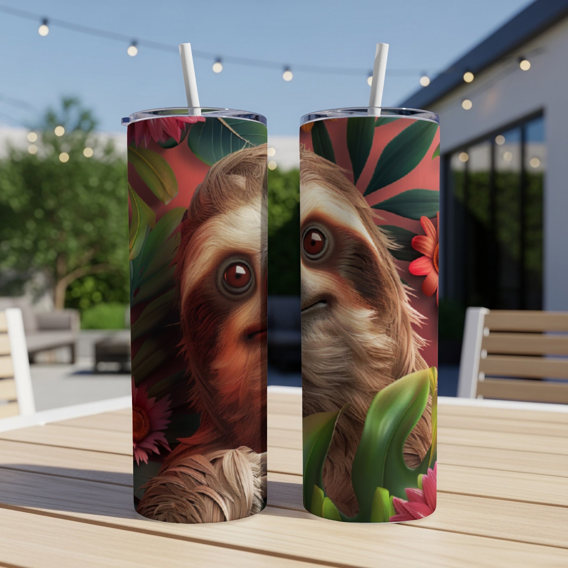 Two tall tumblers featuring a close-up sloth illustration surrounded by tropical foliage.