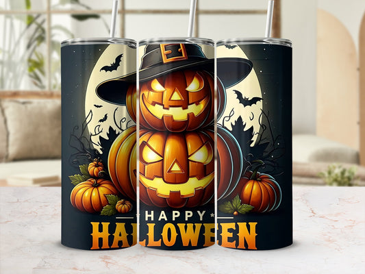 Three tumblers with stacked jack-o'-lanterns, witch hat, moon, bats, and "Happy Halloween" text.