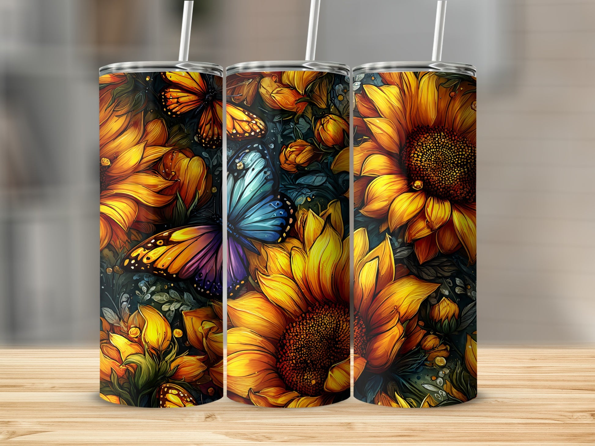 Vibrant Butterflies and Sunflowers Stainless Steel Tumbler