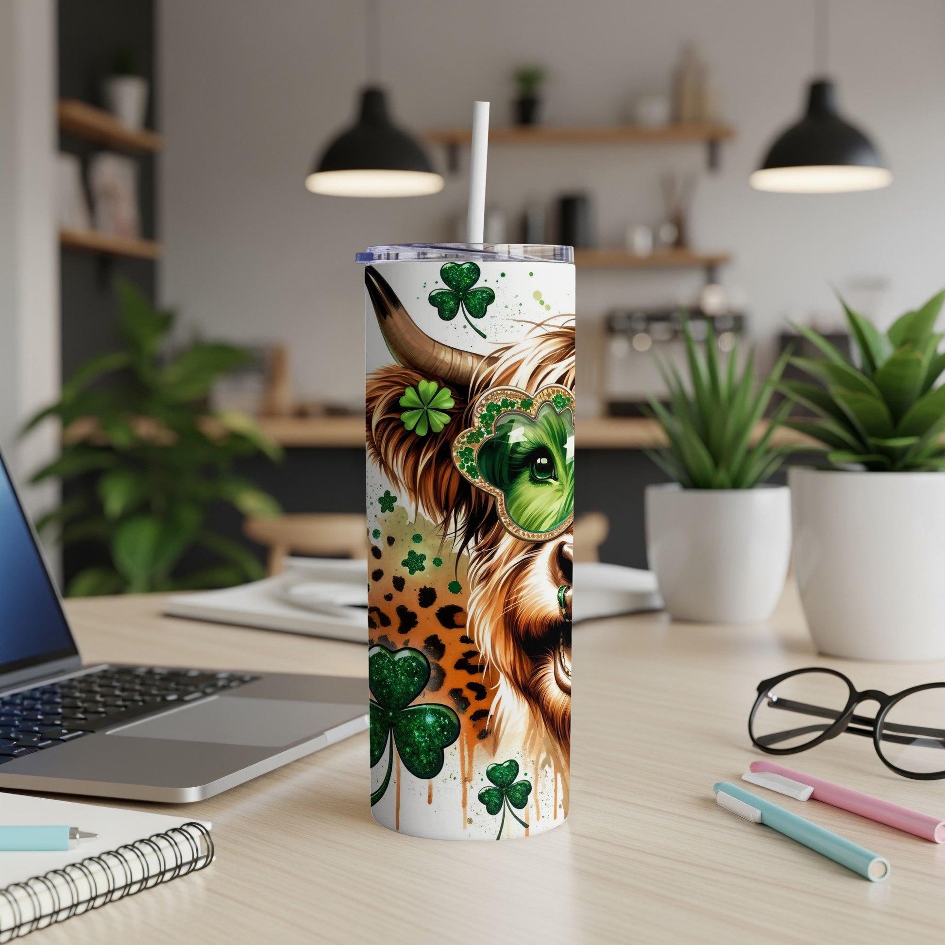 St. Patrick's Day highland cow tumbler with shamrocks and leopard print.