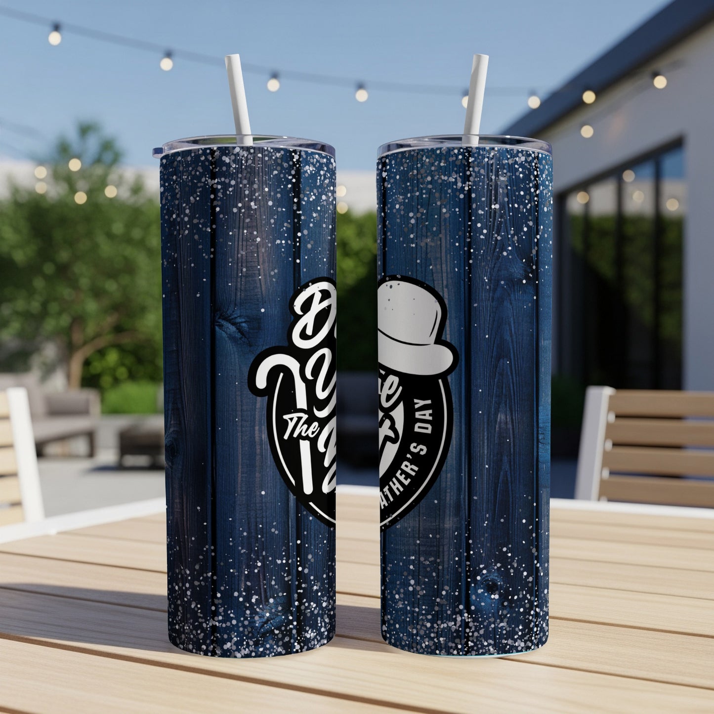 Two tumblers with dark blue wood grain and silver glitter, one reading "Best Dad Ever".