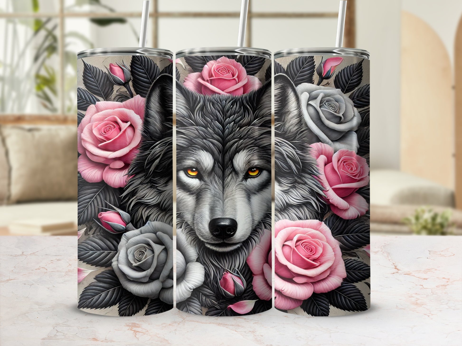 Wolf and Roses Tumbler Custom Design Insulated Cup