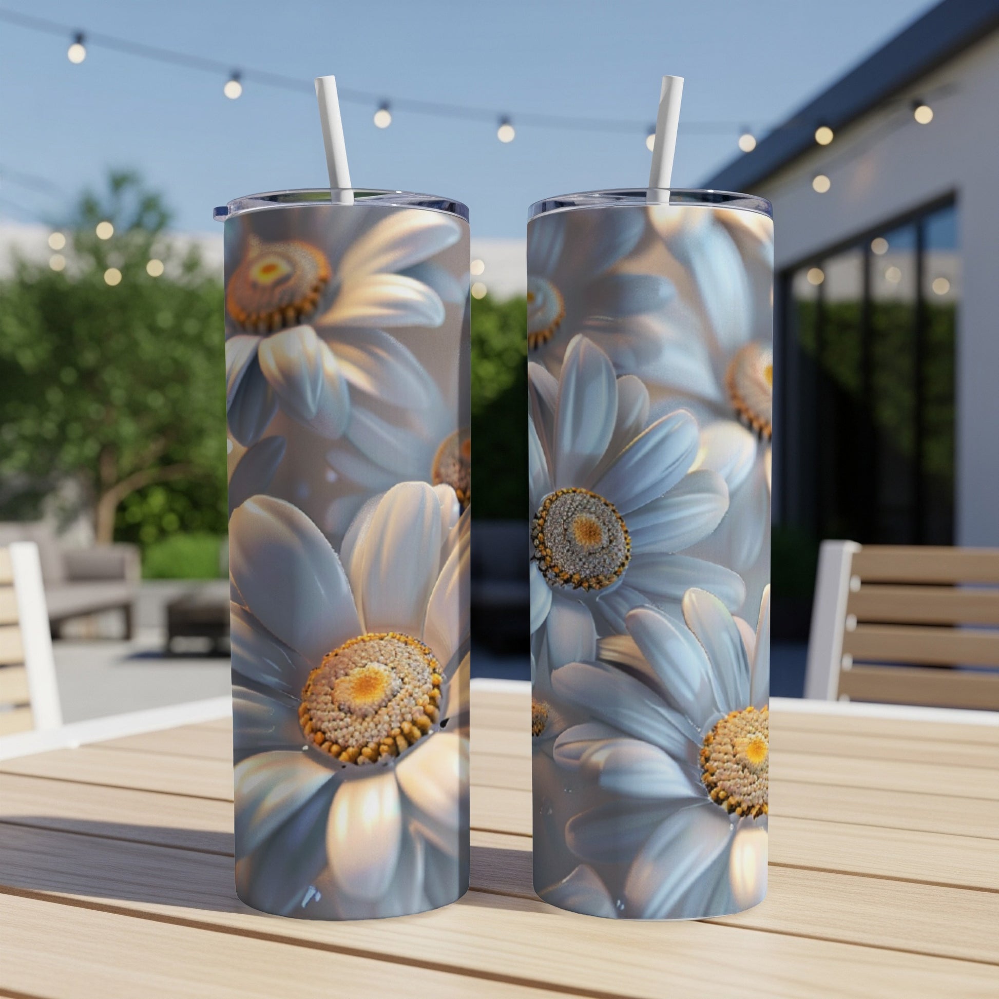Two white daisies on a patterned tumbler, with a blurred outdoor background.