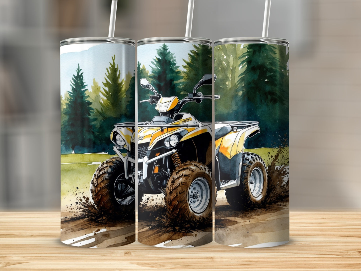 Yellow and white ATV driving through mud and trees.