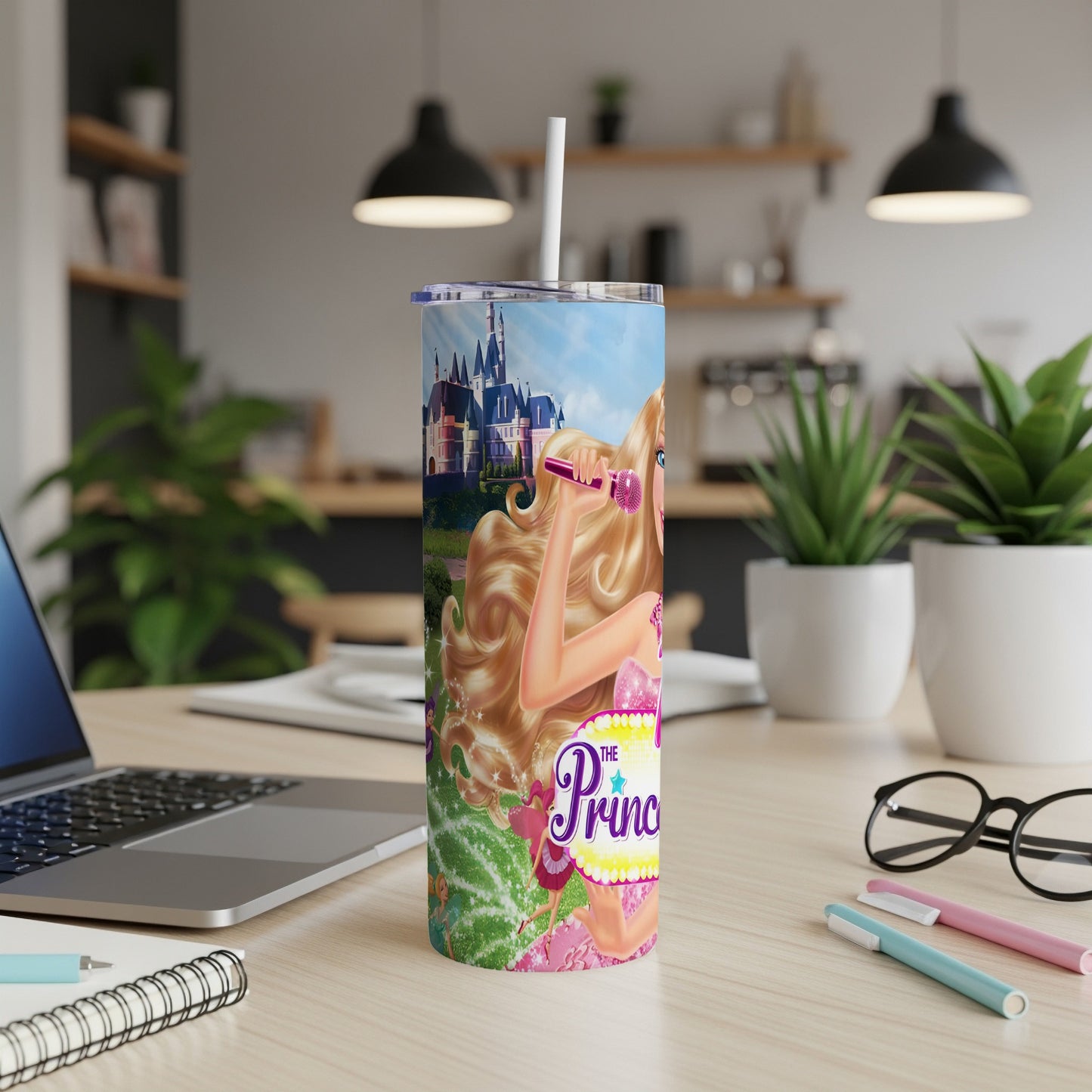 Barbie The Princess white tumbler with castle and landscape design.