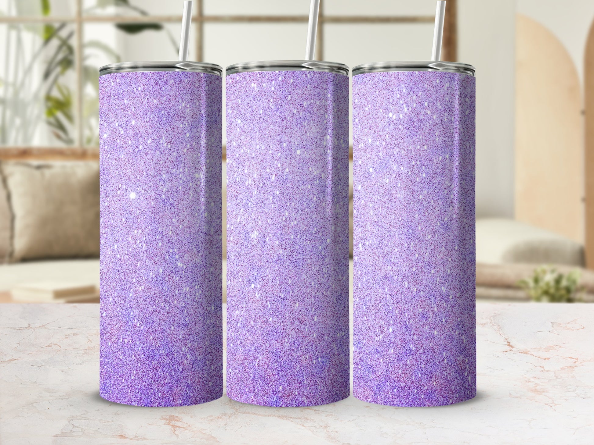 Three tall, slender tumblers with a sparkling lavender glitter finish.