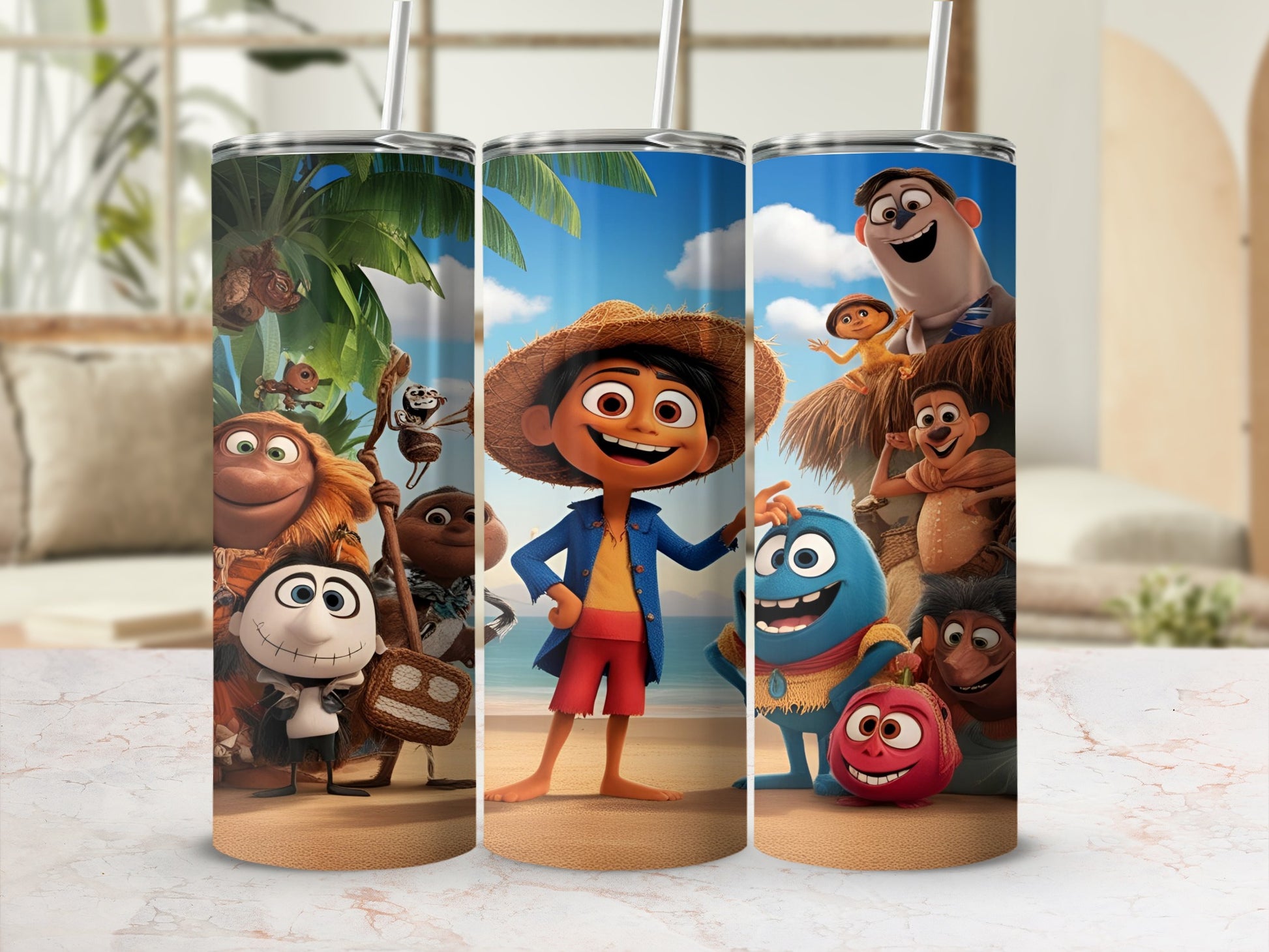 Animated characters from a movie stand on a beach with palm trees and ocean.