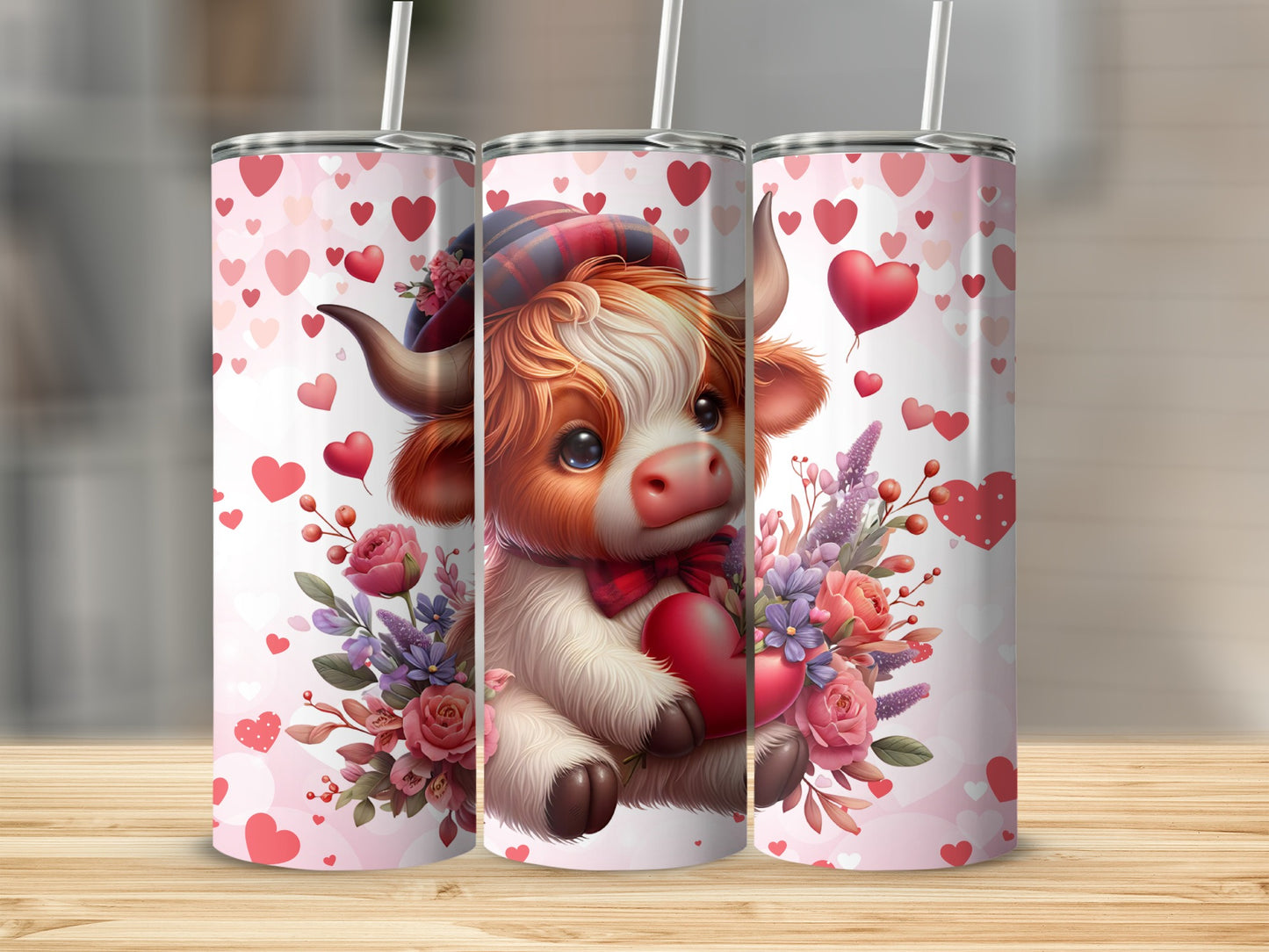 Cute Highland Cow With Hearts And Flowers Tumbler