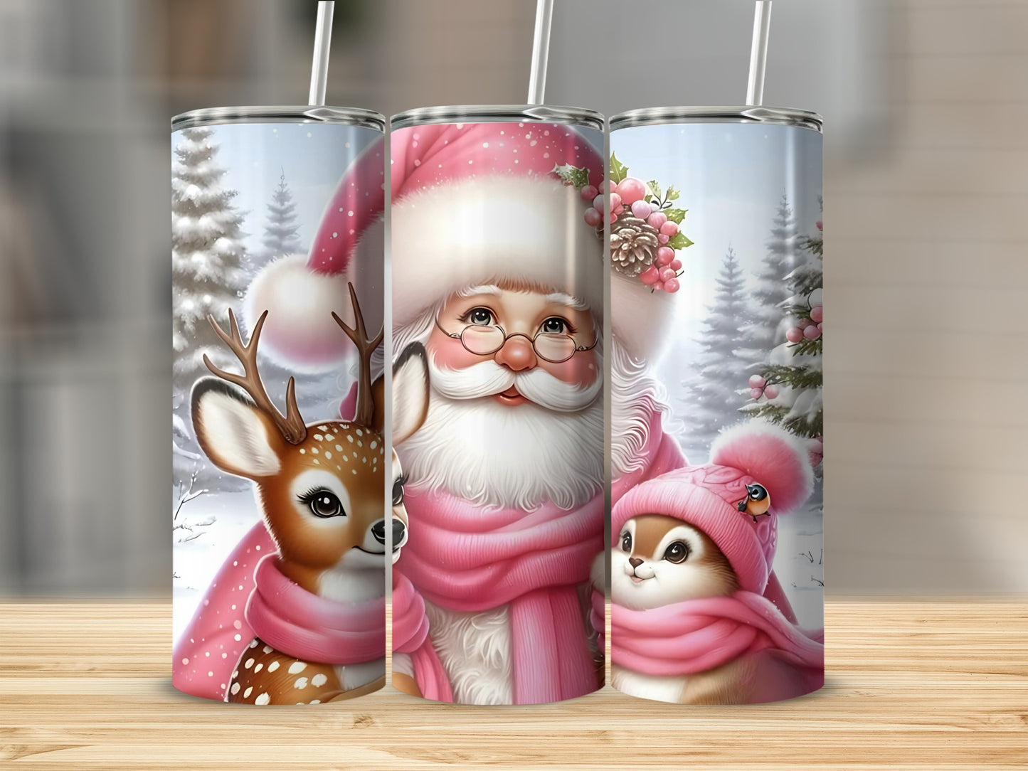Festive Holiday Tumblers with Santa Deer and Penguin