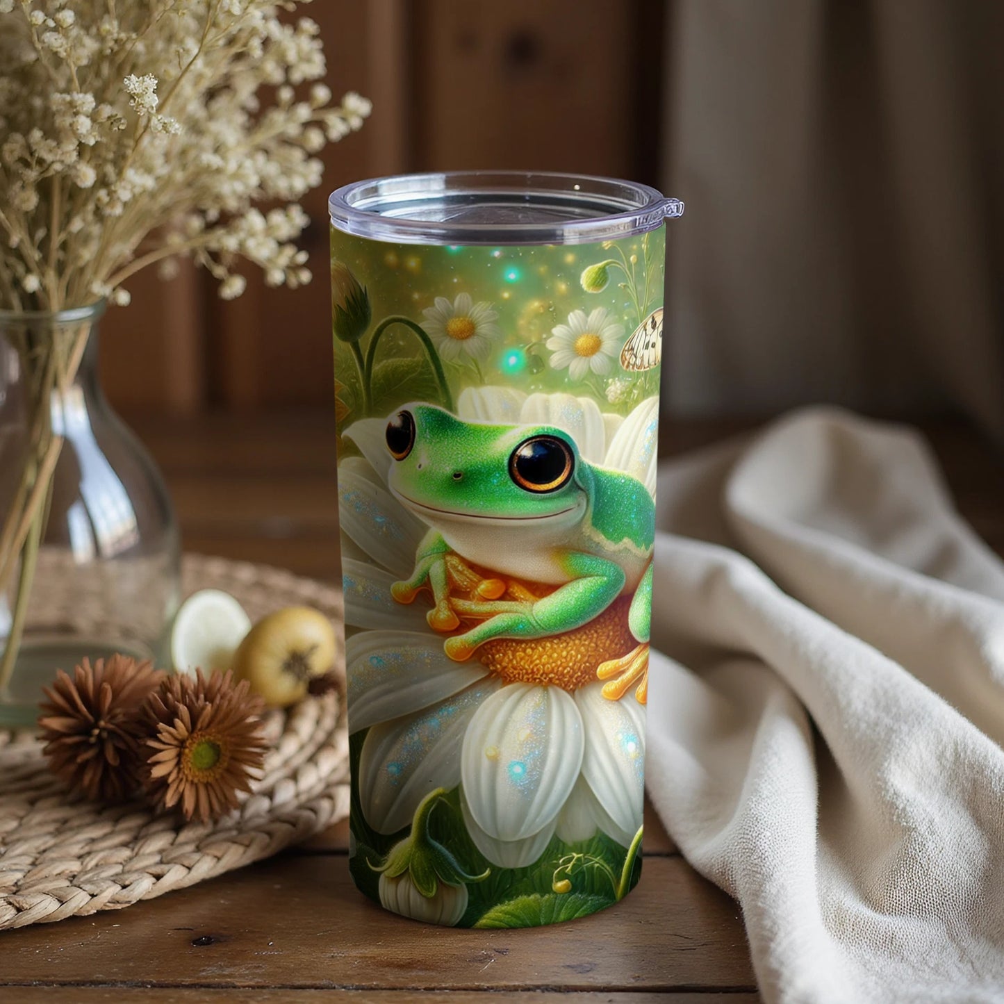 Cute Frog on Daisy Flower Insulated Tumbler Cup