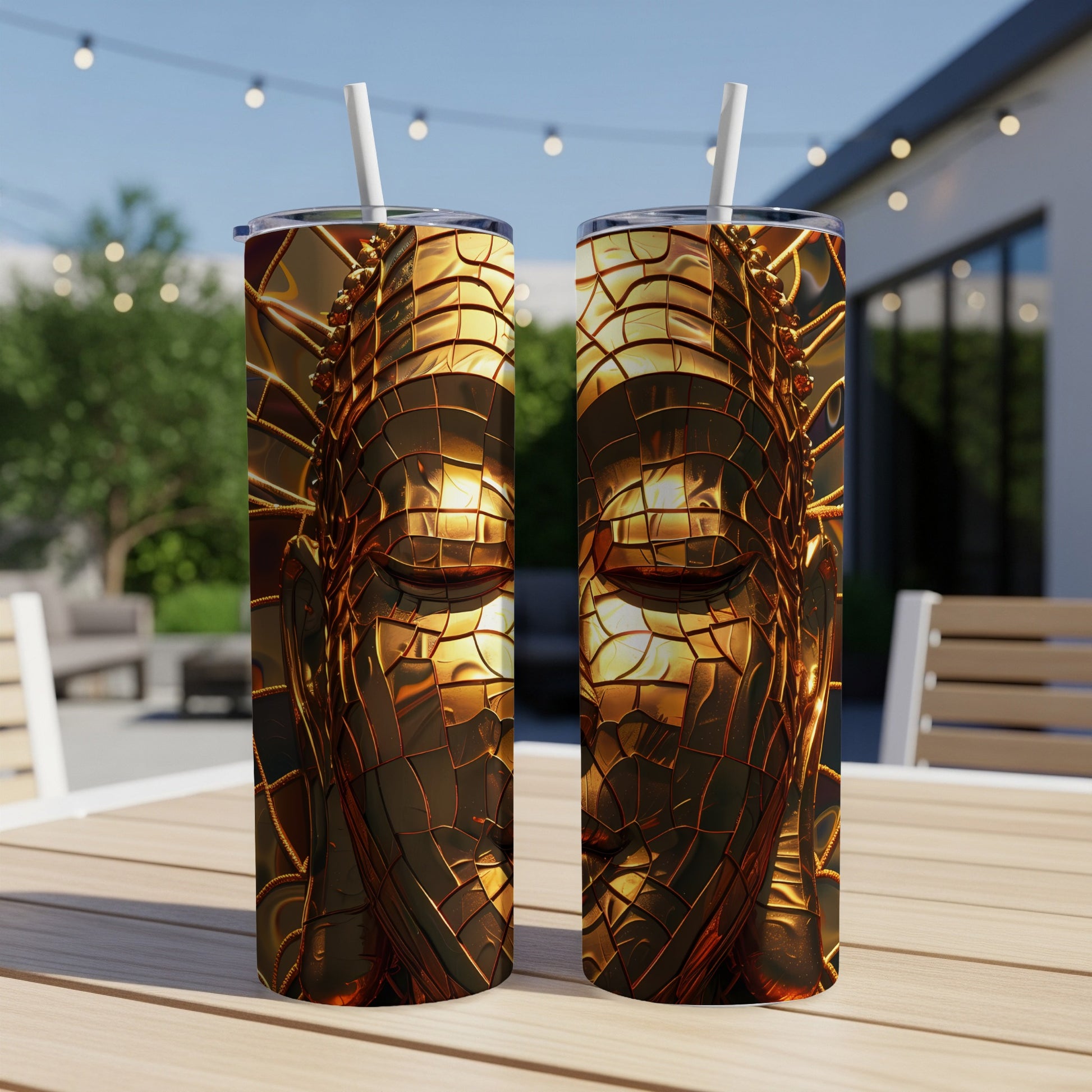 Two gold Buddha face tumblers with straws on a wooden table.