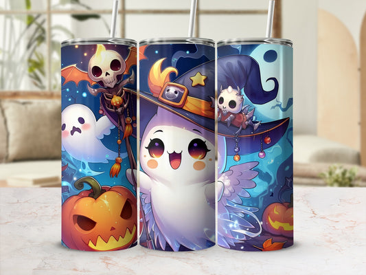 Halloween tumblers featuring ghosts, skeletons, pumpkins, and witch hats.