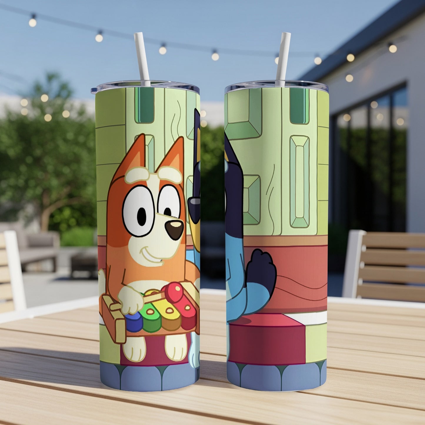 Bluey and Bingo characters on a colorful, double-sided insulated tumbler.