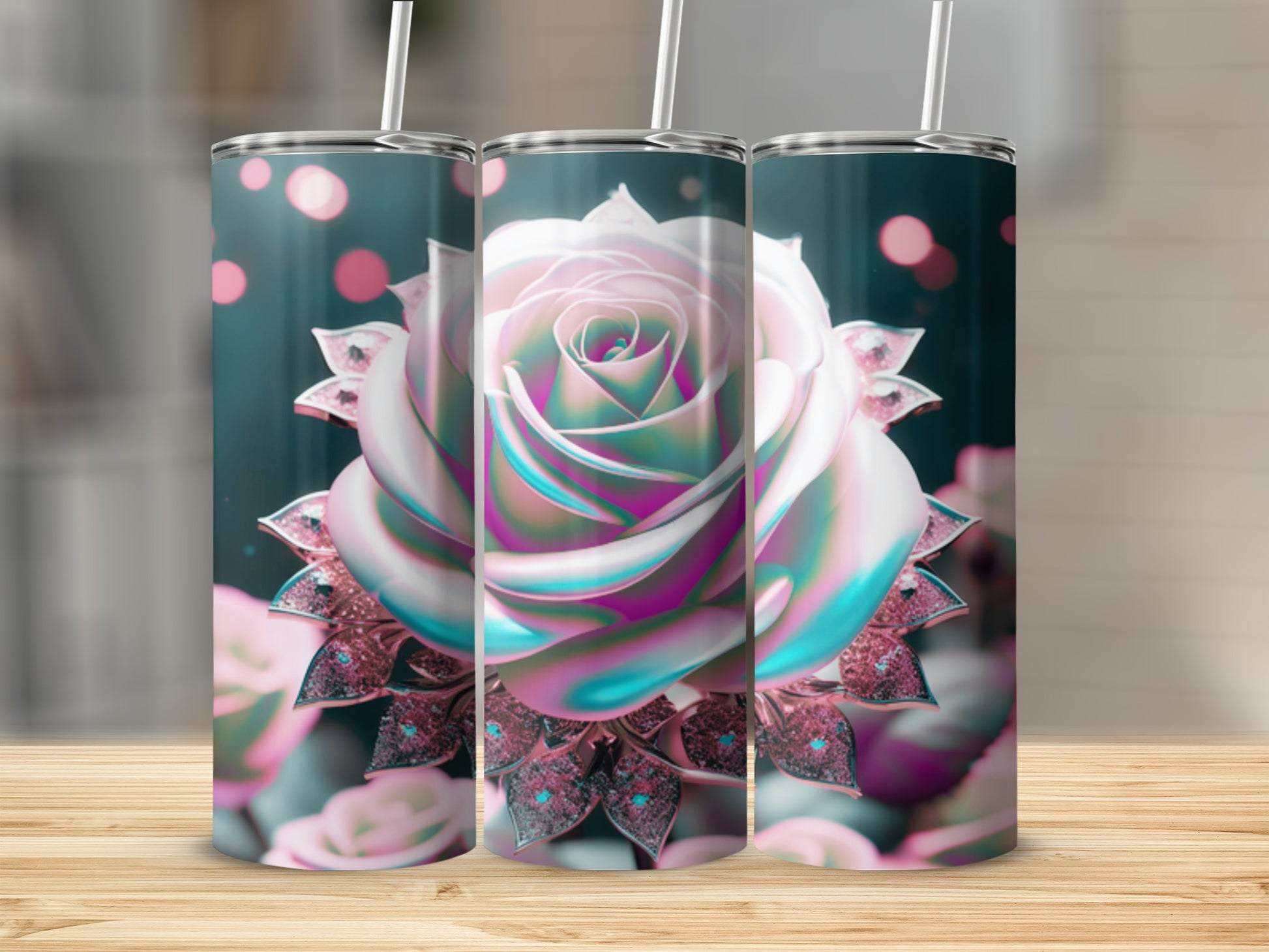 Three iridescent roses with intricate detailing on stands, presented on a wooden surface.