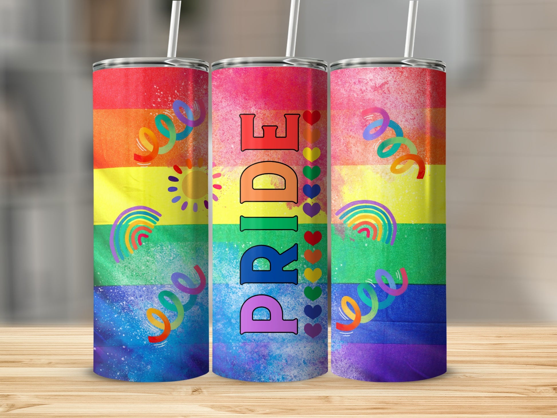 Rainbow Pride tumbler with colorful confetti and hearts.
