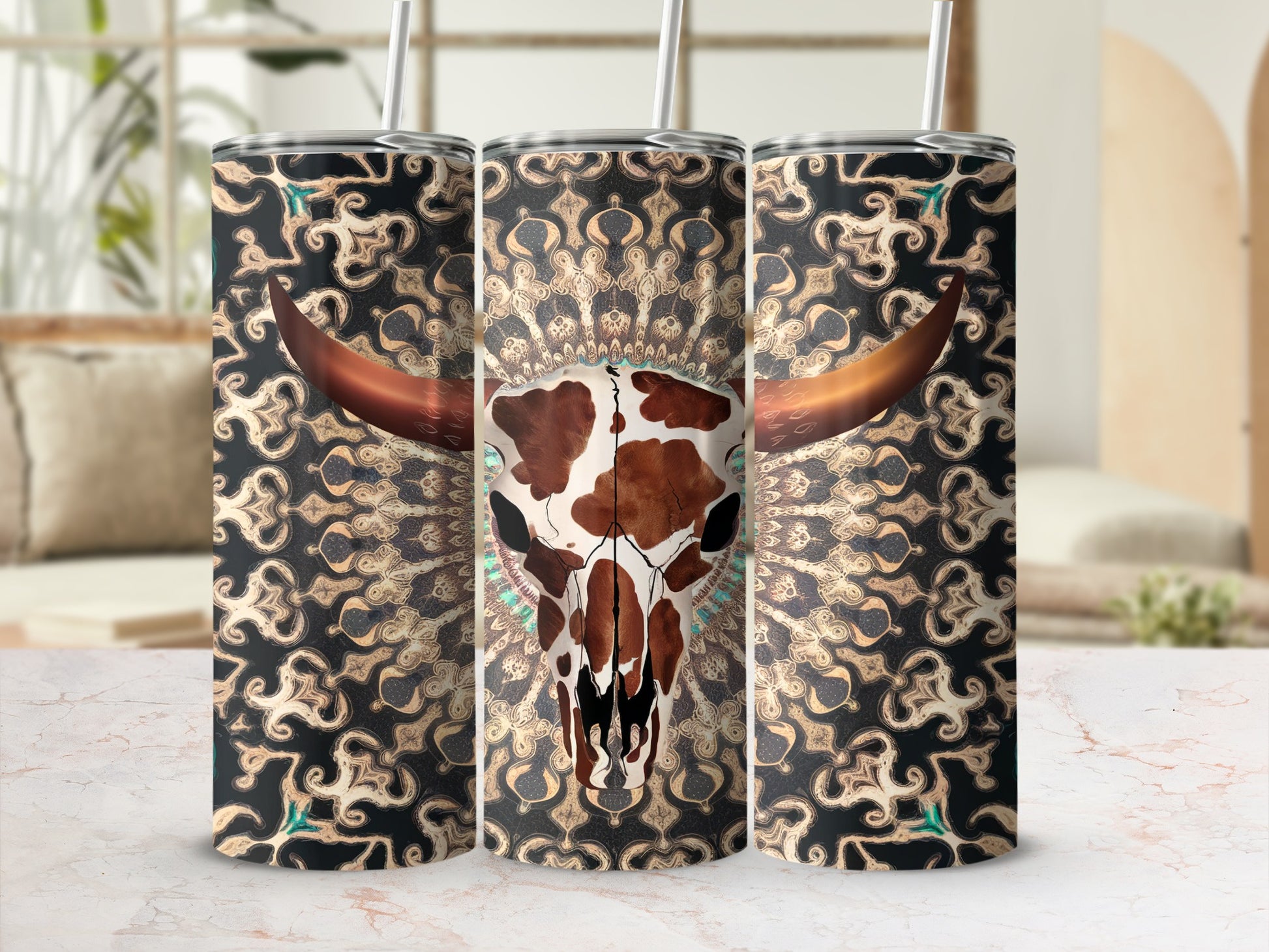 Cow skull with mandala pattern on a tumbler.