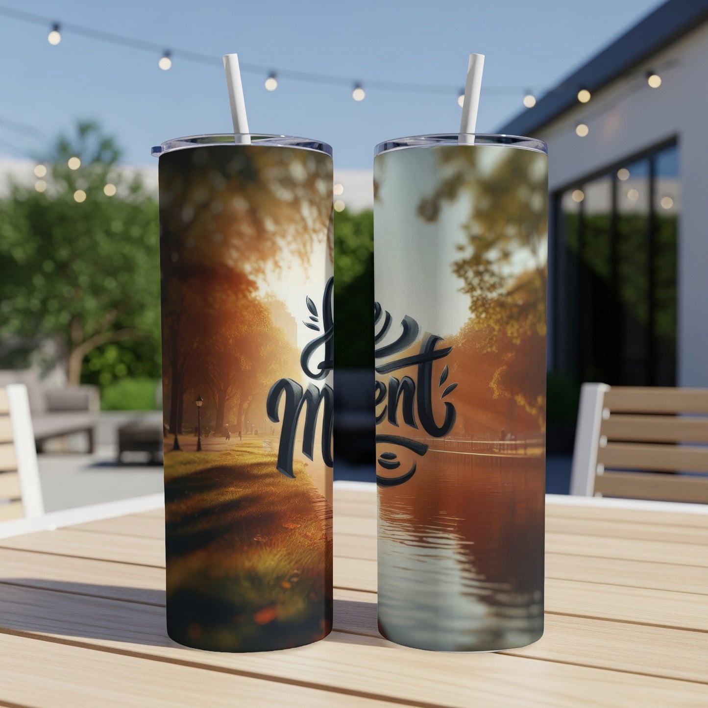 Two tumblers with "Live in the moment" text and scenic park background.