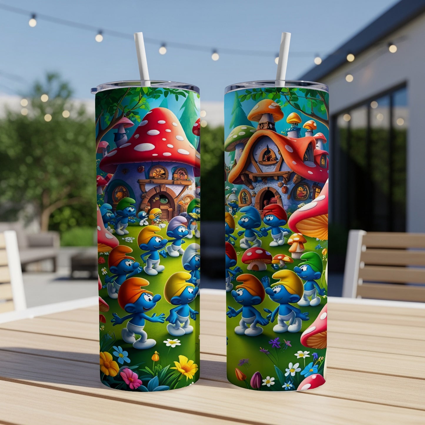 Two Smurfs tumblers with mushroom houses and Smurfs on green grass.