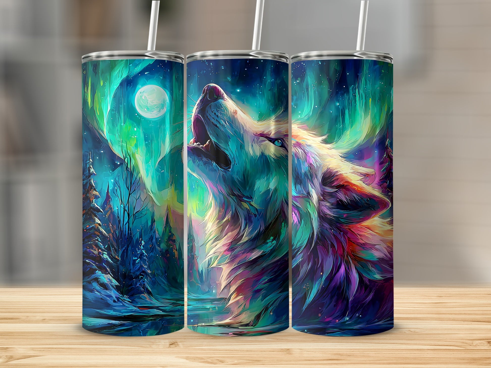 Colorful Wolf Howling at Moon Tumbler product