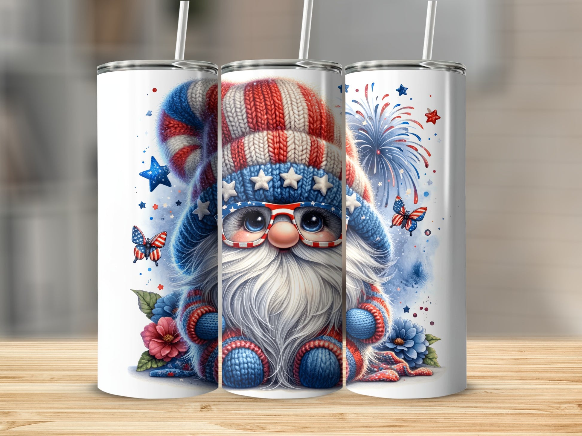 Patriotic gnome with American flag hat and glasses, surrounded by stars and flowers.