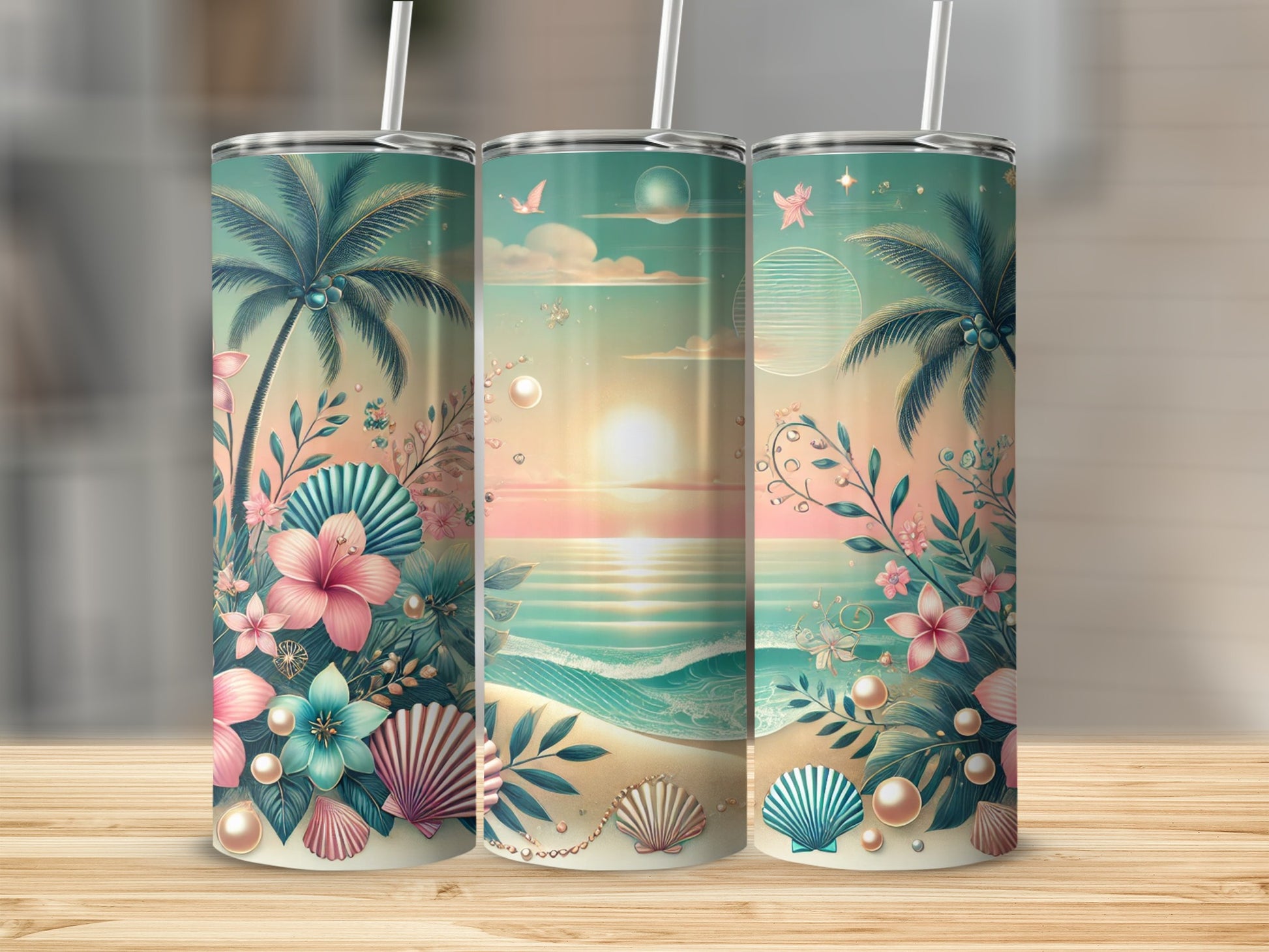 Three tumblers featuring a tropical beach sunset scene with palm trees and seashells.