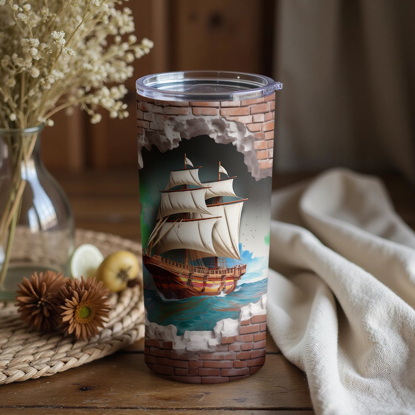 Sailing Ship Through Brick Wall Tumbler Artwork