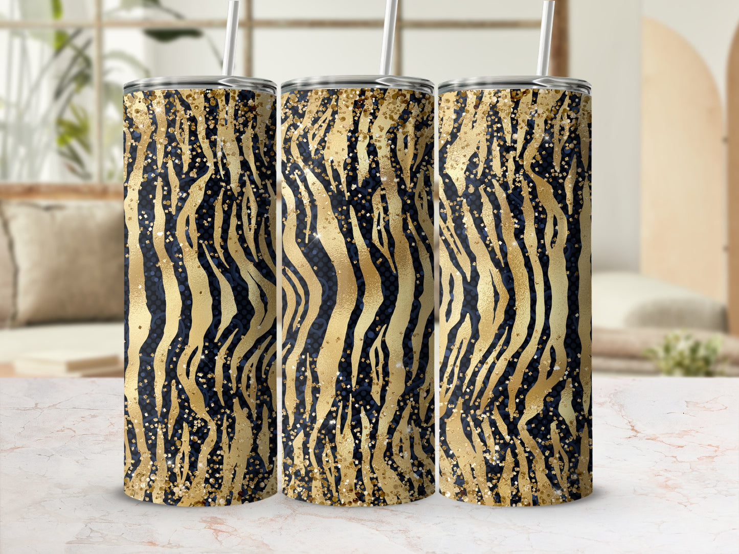 Elegant Gold and Black Zebra Stripes Tumbler Collection