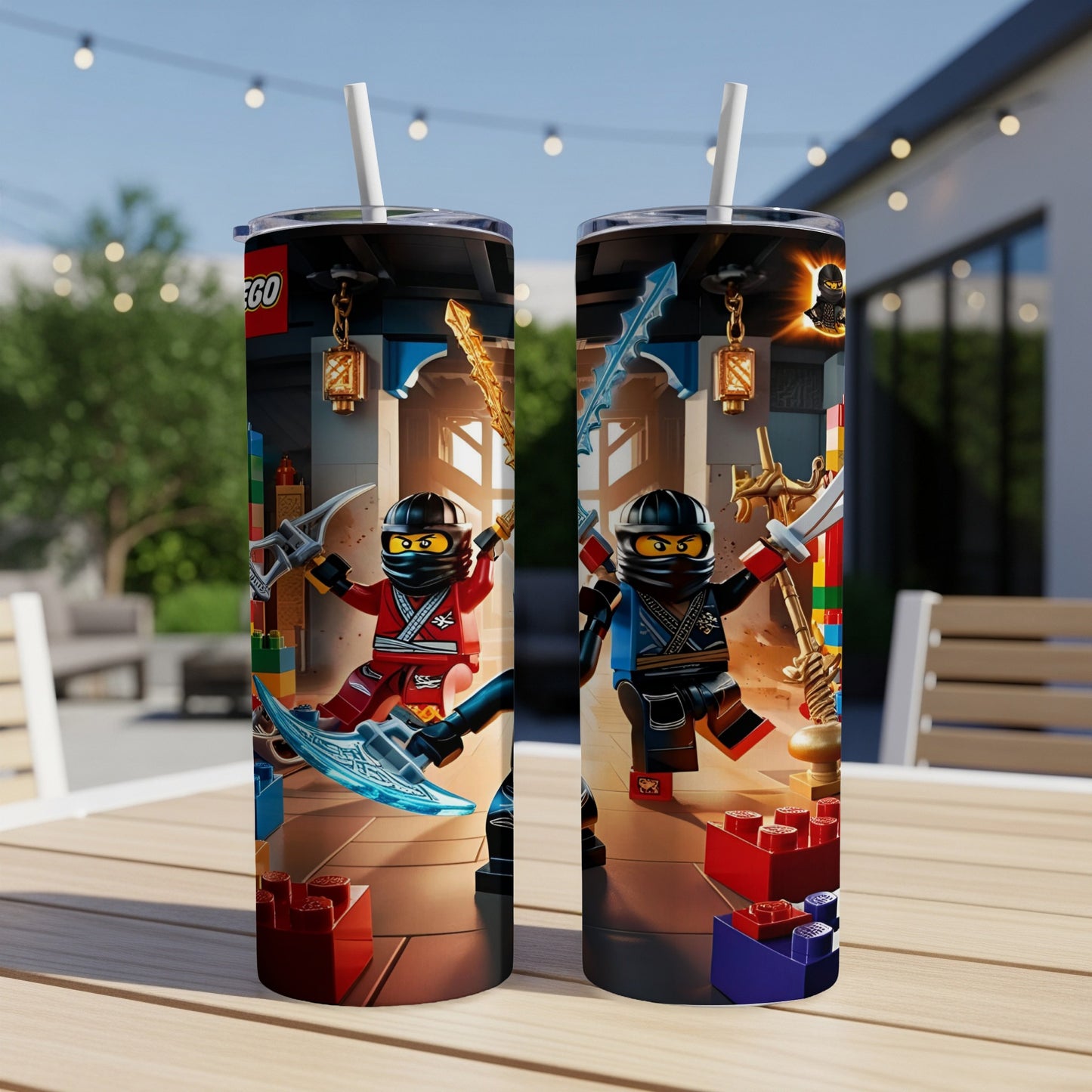 Two LEGO ninjas, one red and one blue, on a tumbler with building blocks.