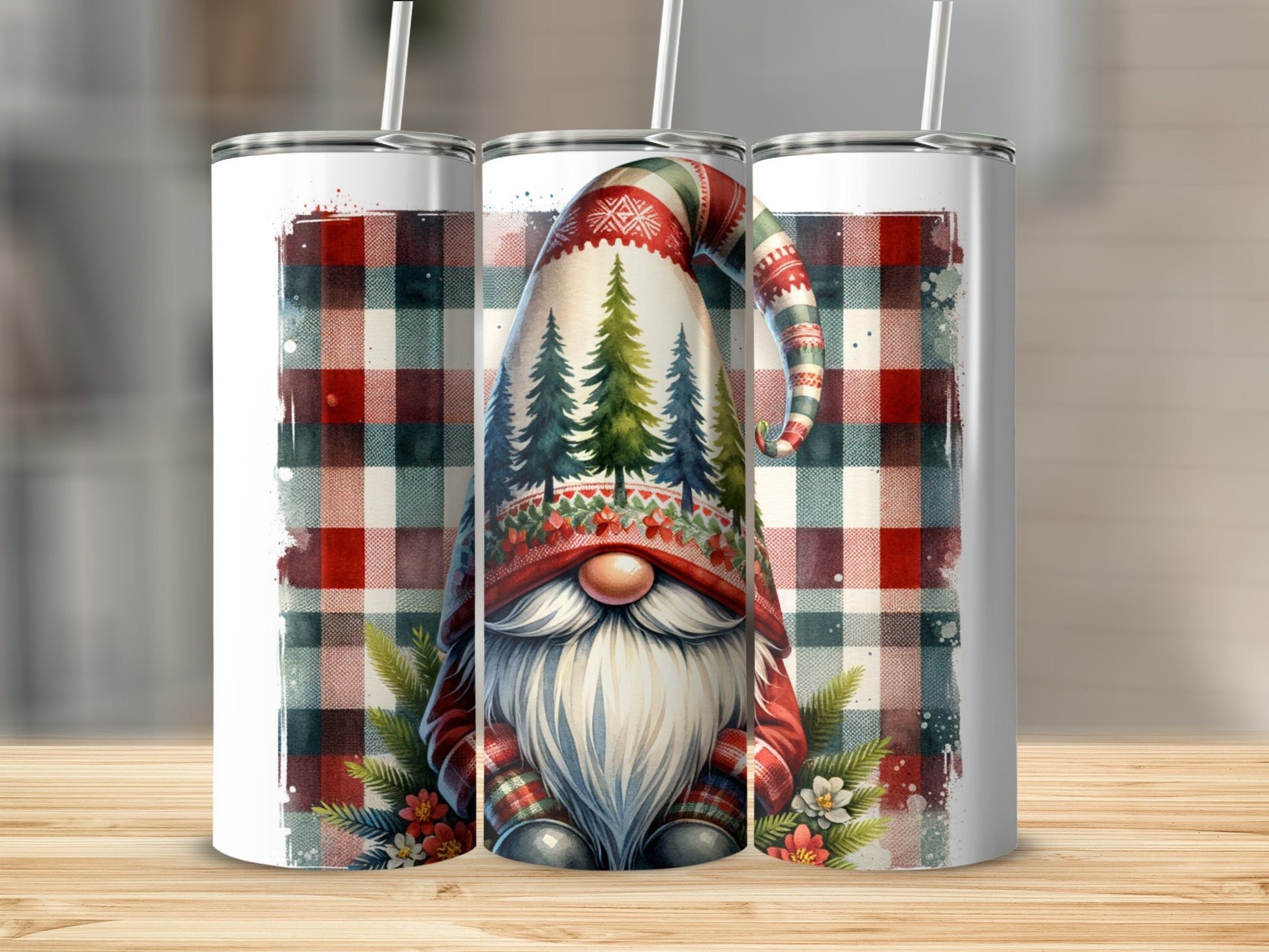 Gnome in a patterned hat with trees and flowers on a plaid background.