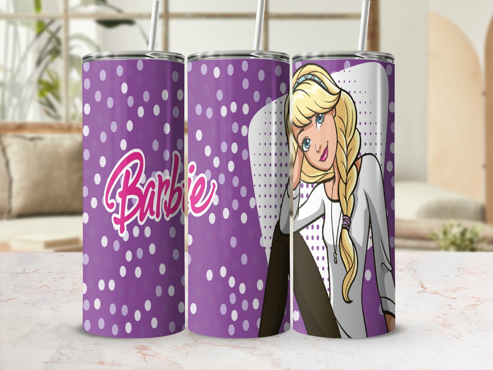 Purple tumbler with Barbie logo and Barbie character illustration.