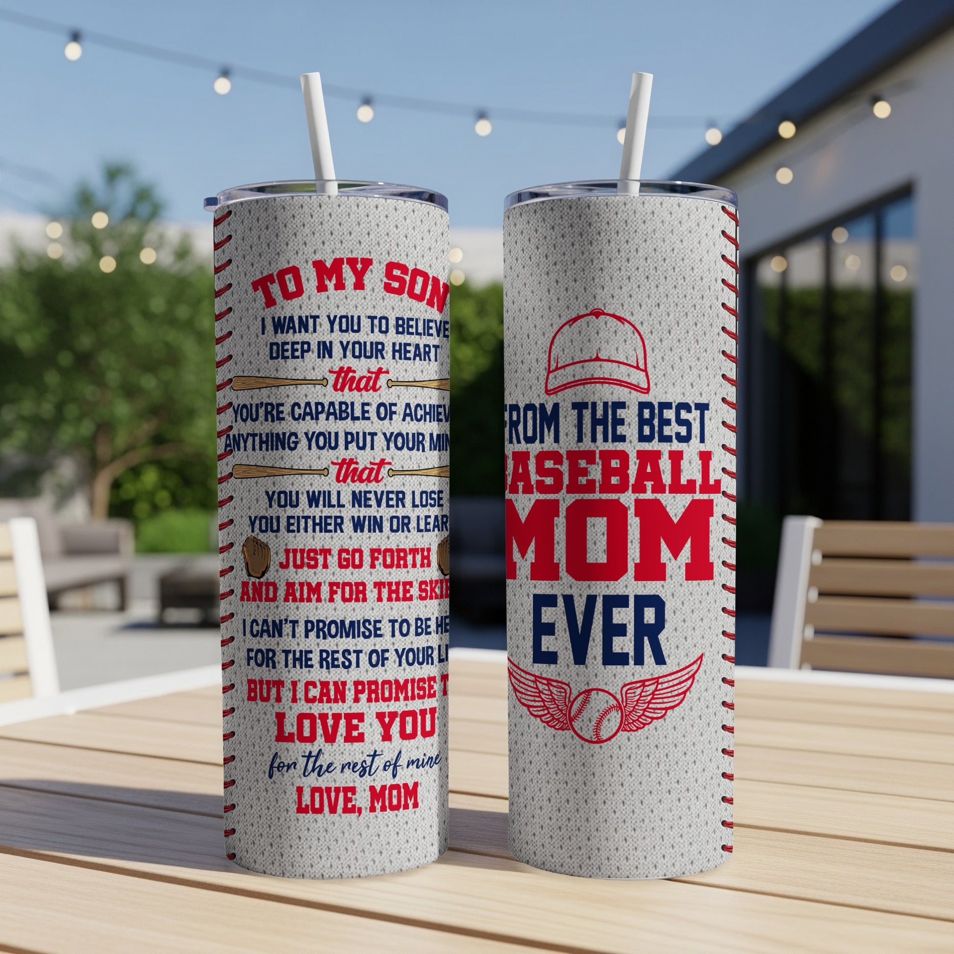 Two baseball-themed tumblers, one with a son poem, the other with "Best Baseball Mom Ever."