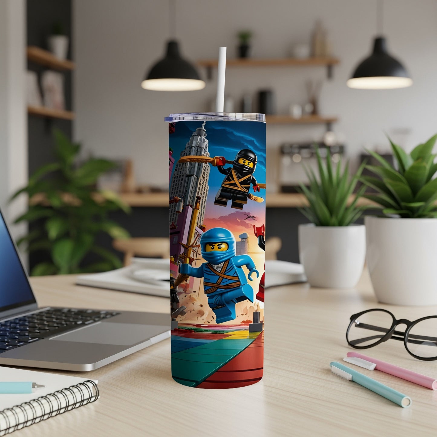 Ninjago characters racing on a colorful cityscape background, on a tumbler.