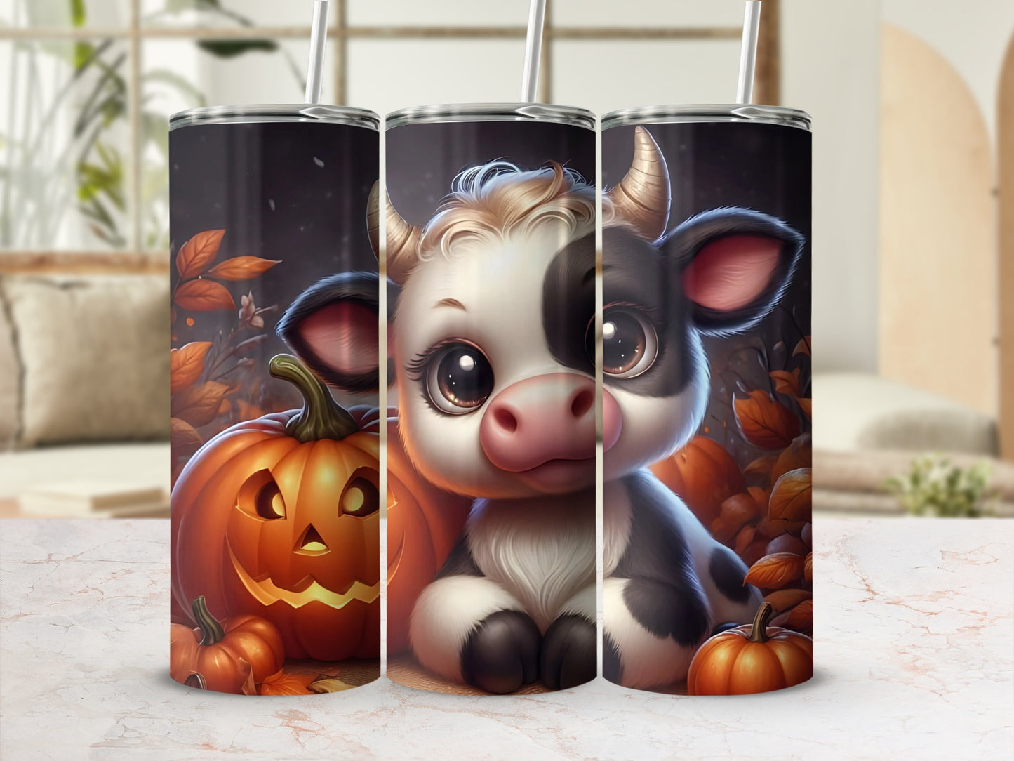 Cute Cow and Pumpkin Halloween Tumbler Cup Design