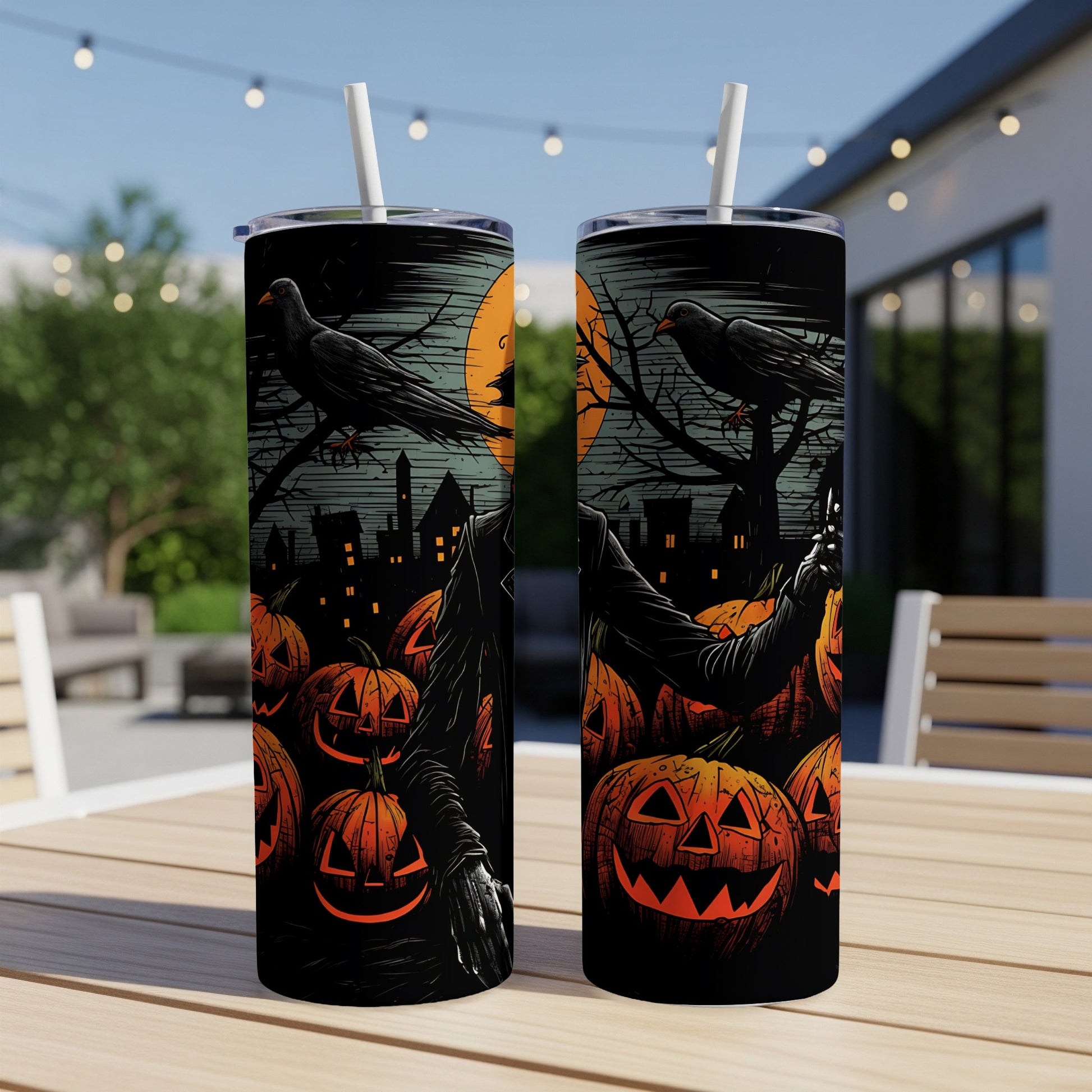 Two tumblers with a Halloween design featuring jack-o'-lanterns and a crow.