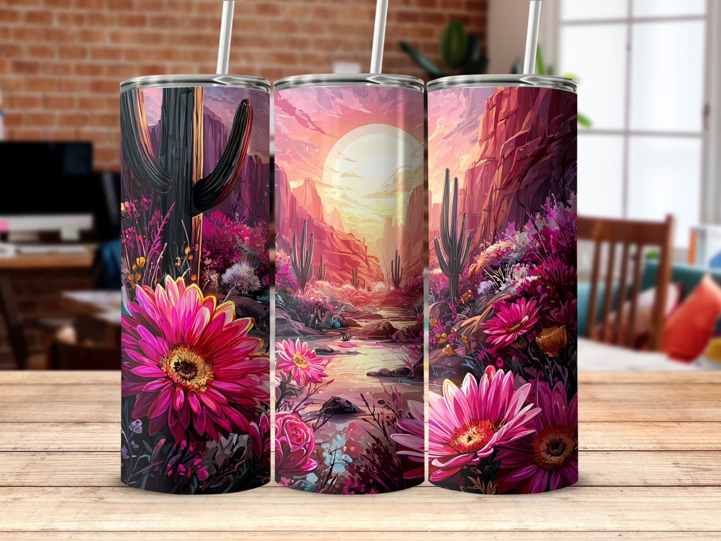 Colorful Desert Scenery with Flowers Tumbler Cup