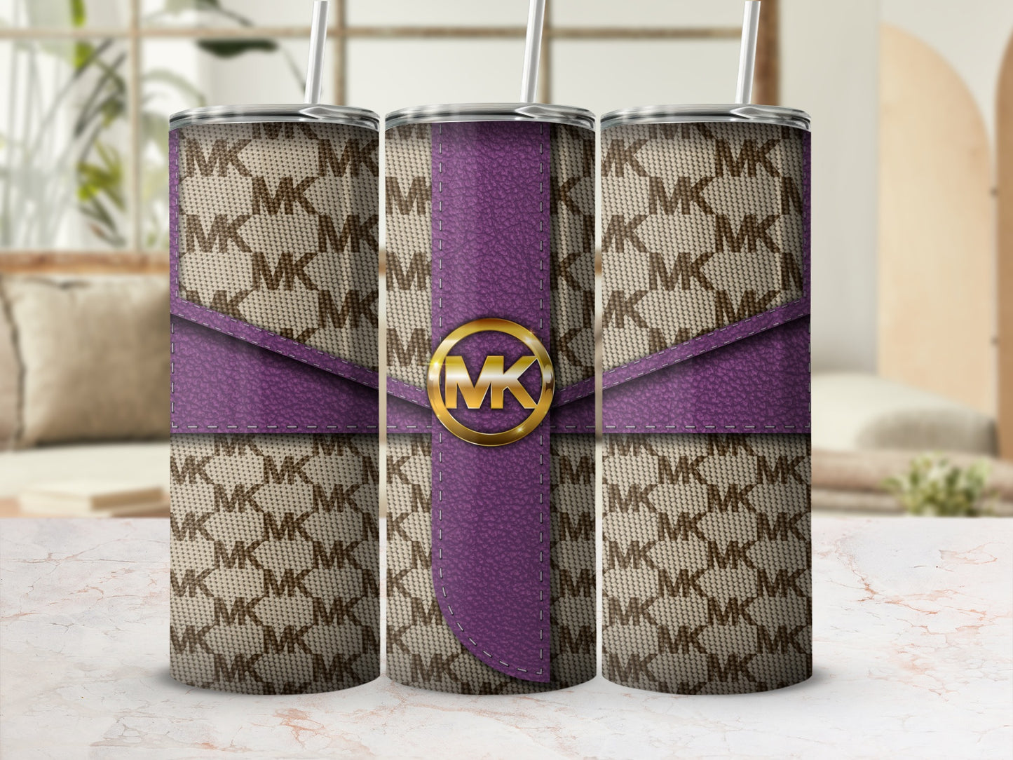 Stylish Patterned MK Insulated Tumbler with Straw