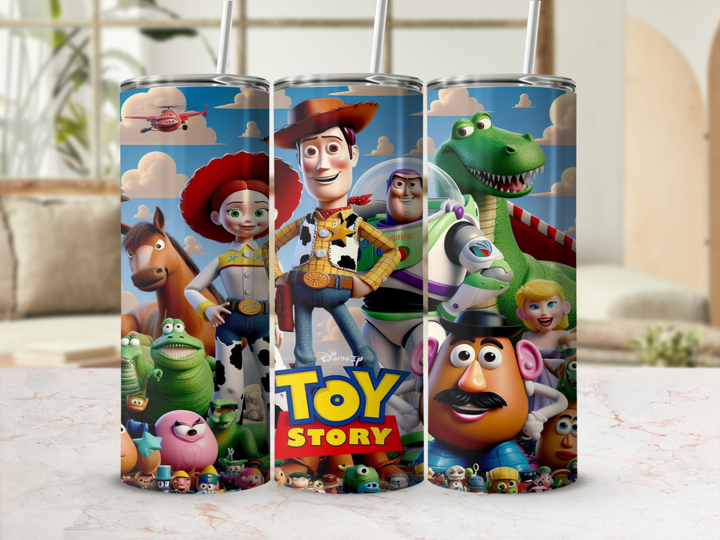 Toy Story characters Woody, Buzz Lightyear, Jessie, Rex, and Mr. Potato Head on a tumbler.