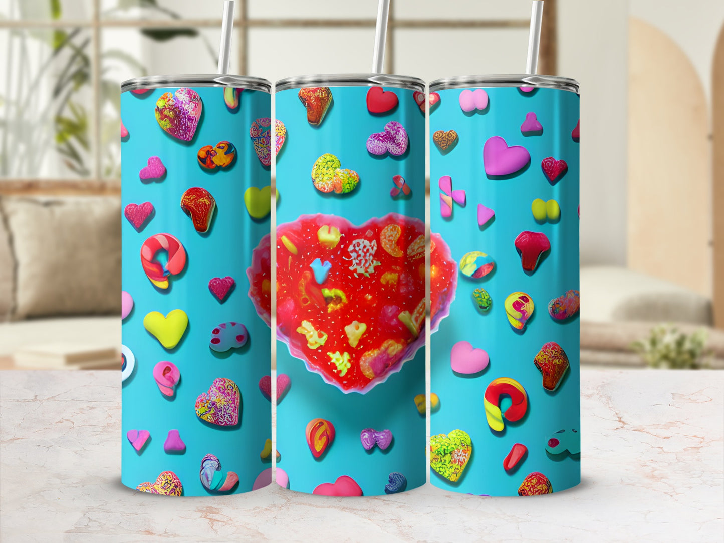 Turquoise tumbler with colorful hearts, candies, and sprinkles, featuring a large central heart.