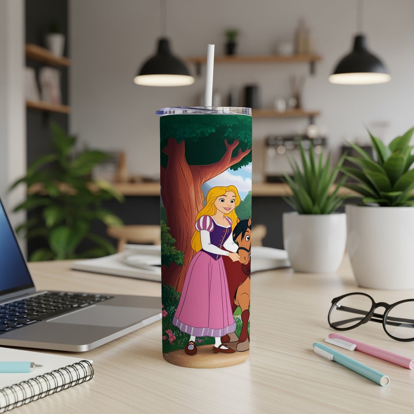 Rapunzel and Maximus the horse on a colorful tumbler.