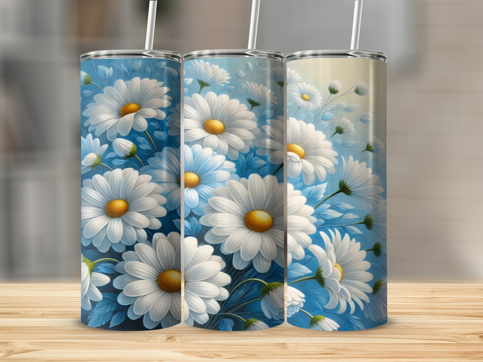 White Daisy Flower Print Blue Background Tumbler