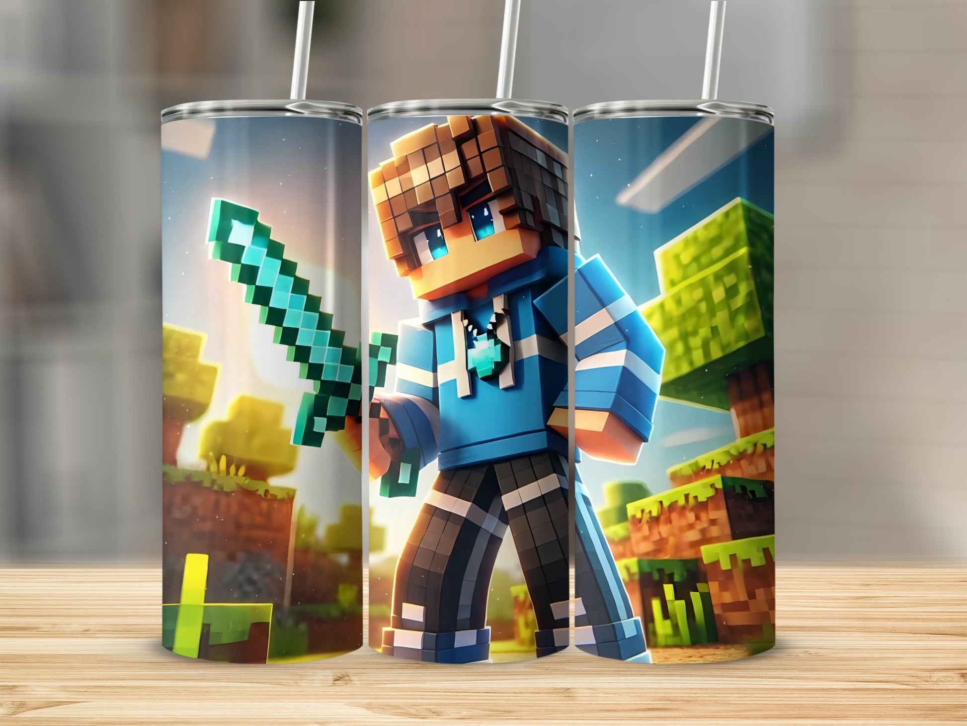 Pixelated Hero with Sword Design Tumbler Drinkware
