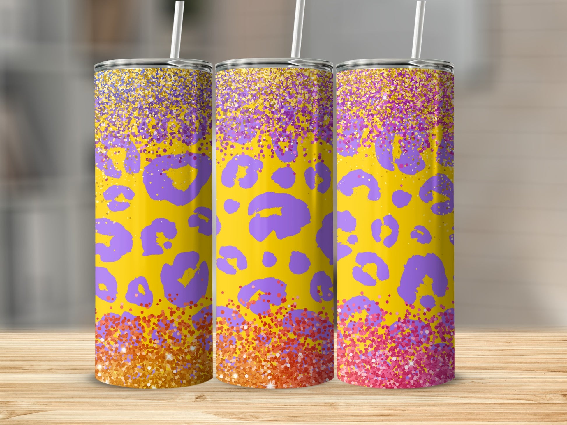 Yellow and Purple Glitter Leopard Print Tumbler