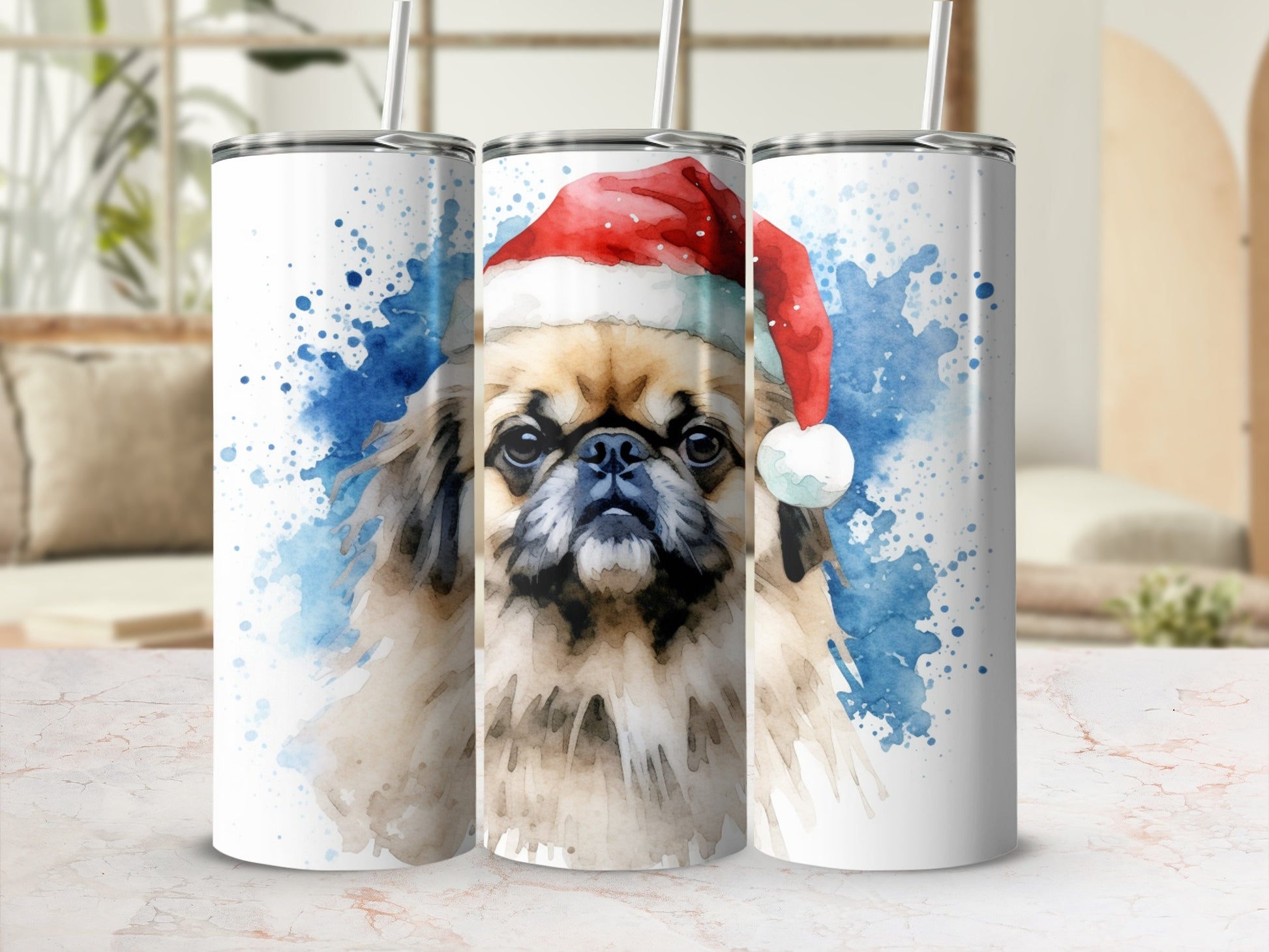 Pug wearing a Santa hat on a watercolor background.