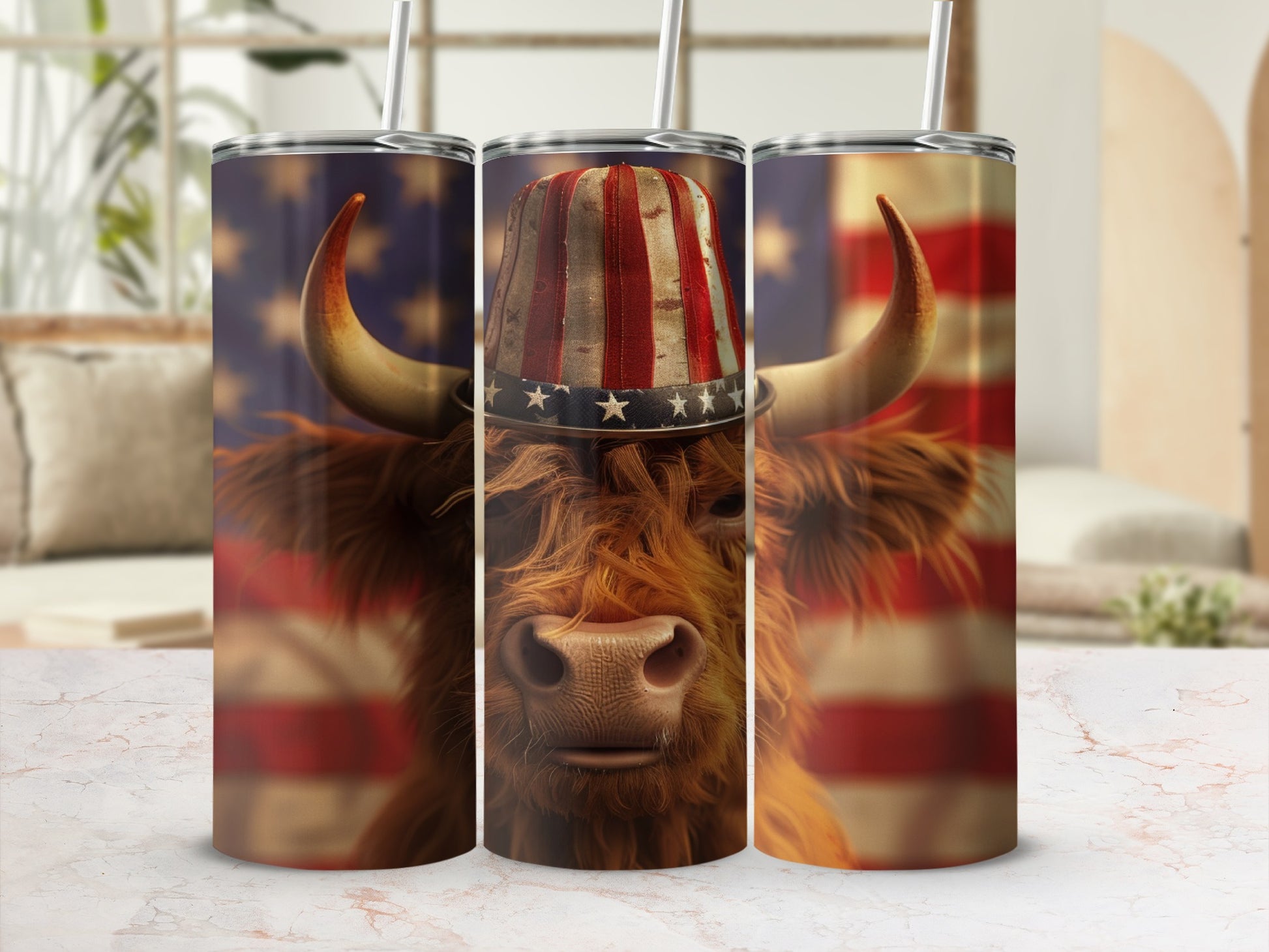 Highland cow wearing patriotic hat against American flag background.